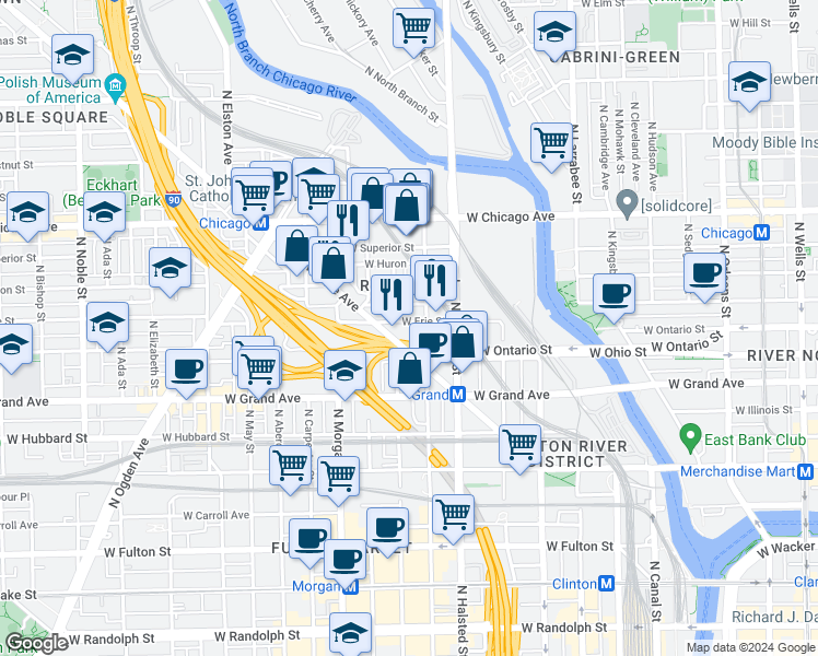 map of restaurants, bars, coffee shops, grocery stores, and more near 848 West Erie Street in Chicago