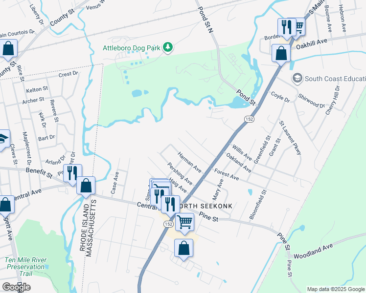 map of restaurants, bars, coffee shops, grocery stores, and more near 1 Forest Avenue in Seekonk