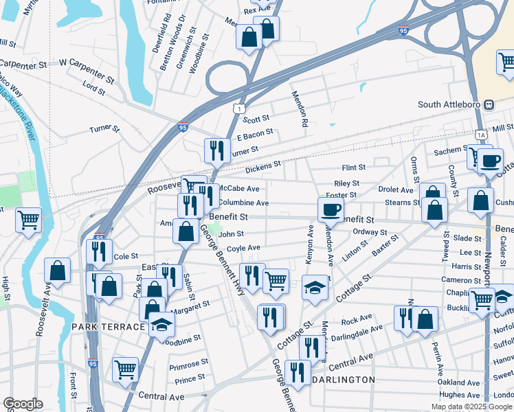 map of restaurants, bars, coffee shops, grocery stores, and more near 85 Columbine Avenue in Pawtucket