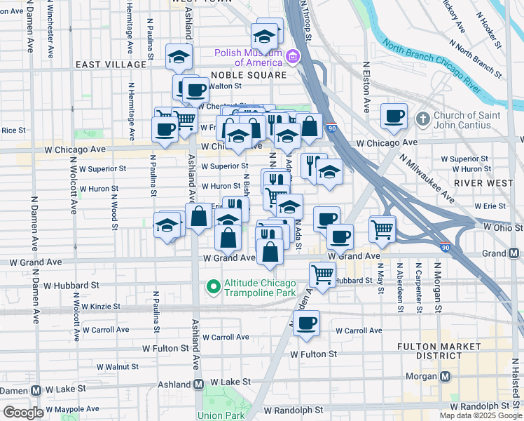 map of restaurants, bars, coffee shops, grocery stores, and more near 1416 West Erie Street in Chicago