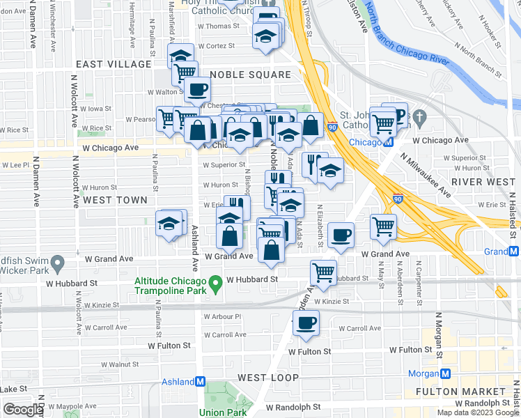 map of restaurants, bars, coffee shops, grocery stores, and more near 1421 West Erie Street in Chicago