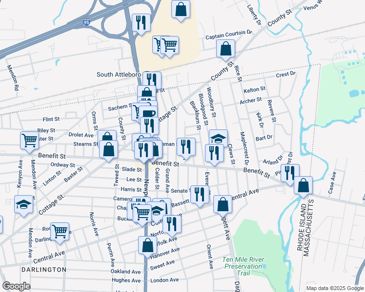 map of restaurants, bars, coffee shops, grocery stores, and more near 63 Ames Street in Pawtucket