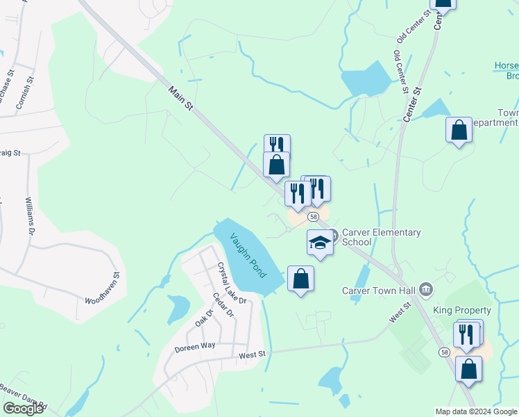 map of restaurants, bars, coffee shops, grocery stores, and more near 65 Main Street in Carver