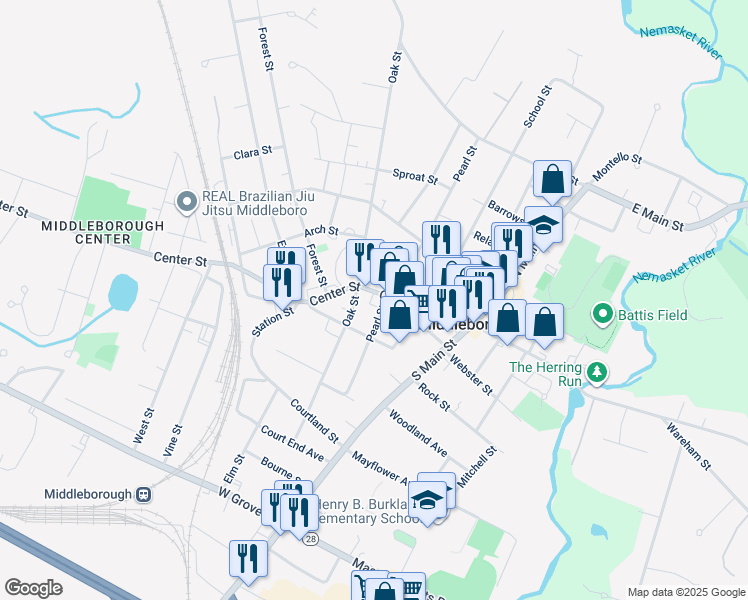 map of restaurants, bars, coffee shops, grocery stores, and more near 260 Center Street in Middleborough