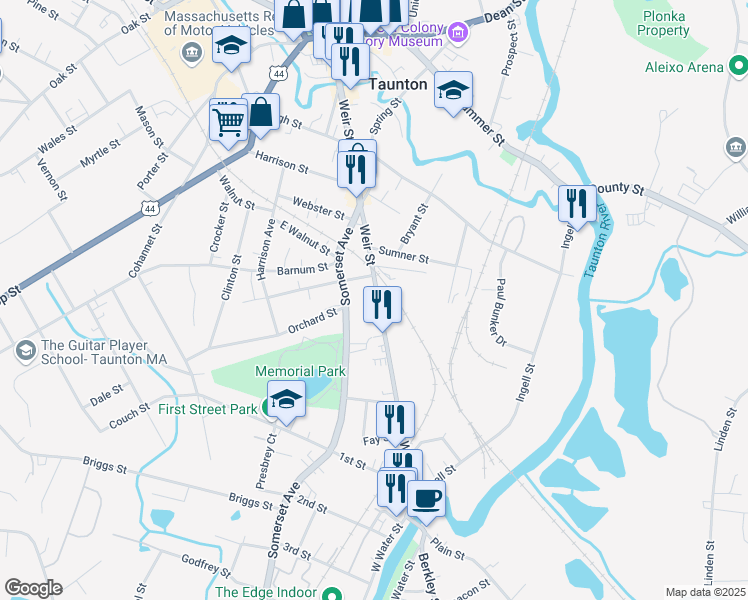map of restaurants, bars, coffee shops, grocery stores, and more near 305 Weir Street in Taunton