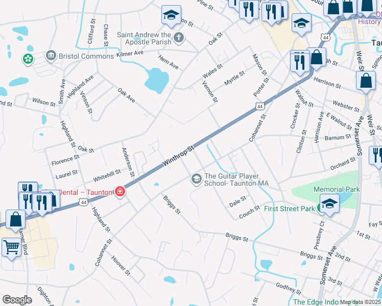 map of restaurants, bars, coffee shops, grocery stores, and more near 164 Winthrop Street in Taunton