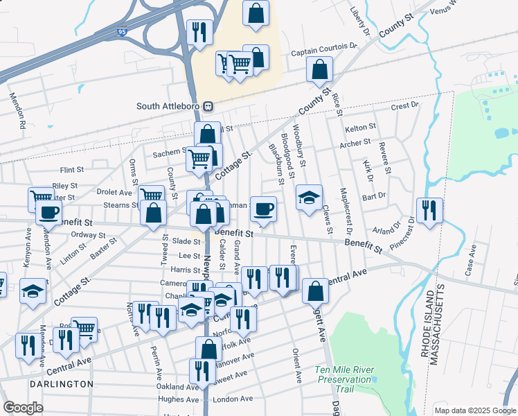 map of restaurants, bars, coffee shops, grocery stores, and more near 63 Ames Street in Pawtucket
