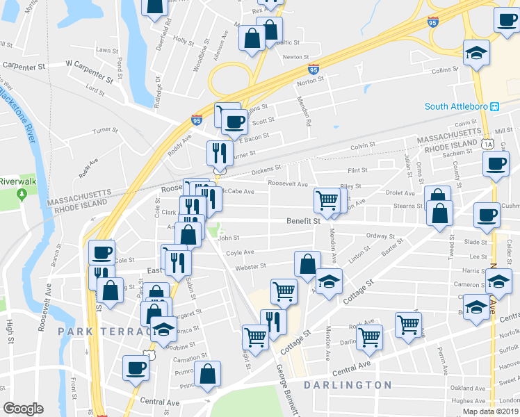 map of restaurants, bars, coffee shops, grocery stores, and more near 82 Columbine Avenue in Pawtucket
