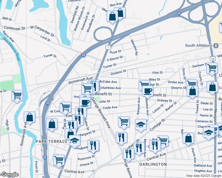 map of restaurants, bars, coffee shops, grocery stores, and more near 82 Columbine Avenue in Pawtucket