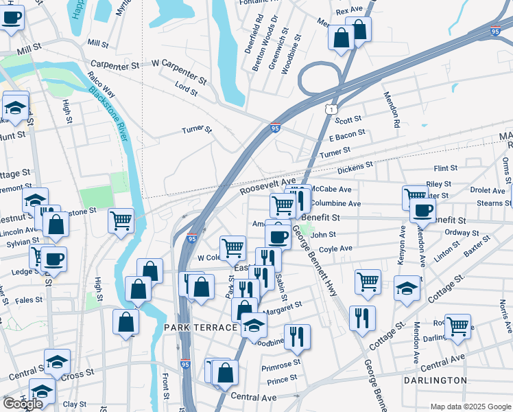 map of restaurants, bars, coffee shops, grocery stores, and more near 1 Collins Avenue in Pawtucket
