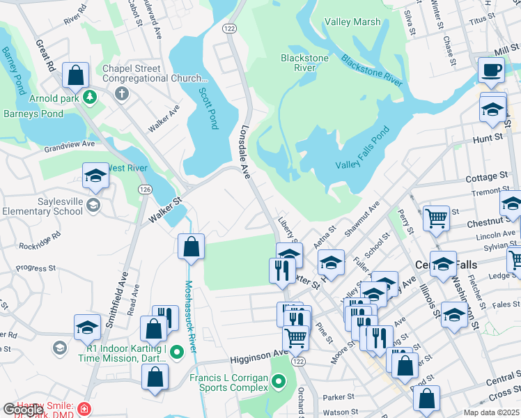 map of restaurants, bars, coffee shops, grocery stores, and more near 19 Cliff Street in Central Falls