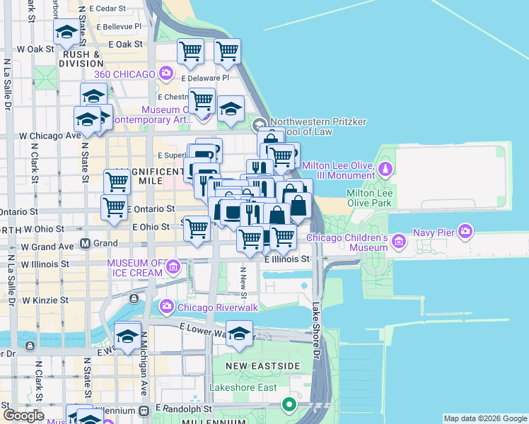 map of restaurants, bars, coffee shops, grocery stores, and more near 355 East Ontario Street in Chicago