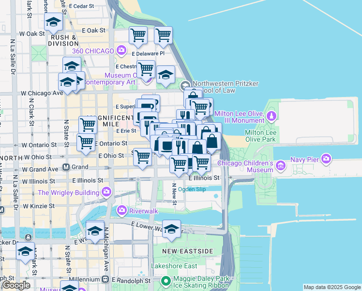 map of restaurants, bars, coffee shops, grocery stores, and more near 355 East Ontario Street in Chicago