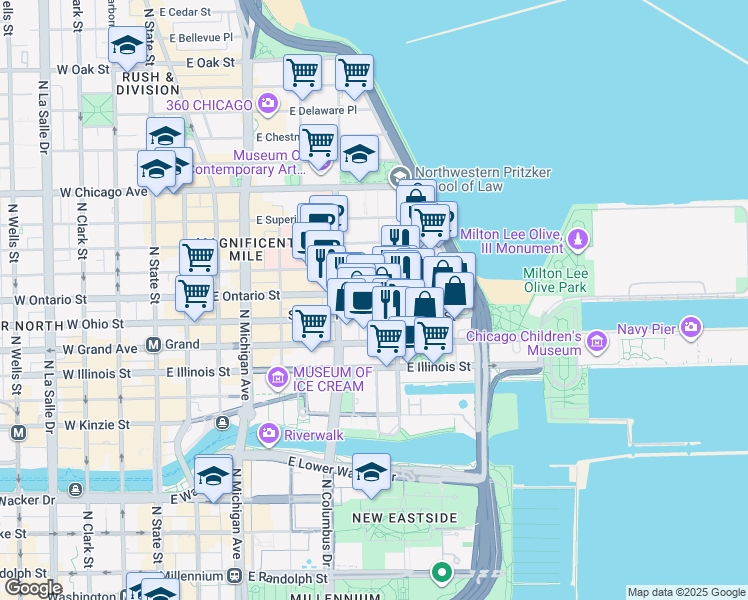 map of restaurants, bars, coffee shops, grocery stores, and more near 355 East Ontario Street in Chicago