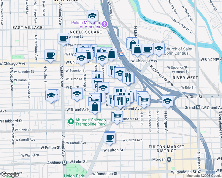 map of restaurants, bars, coffee shops, grocery stores, and more near 1306 West Erie Street in Chicago