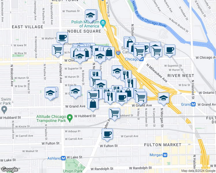 map of restaurants, bars, coffee shops, grocery stores, and more near 1306 West Erie Street in Chicago