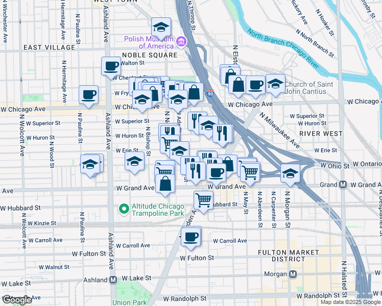 map of restaurants, bars, coffee shops, grocery stores, and more near 1306 West Erie Street in Chicago