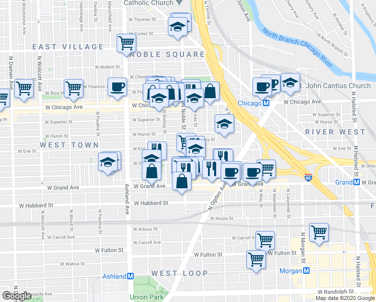 map of restaurants, bars, coffee shops, grocery stores, and more near 1348 West Erie Street in Chicago