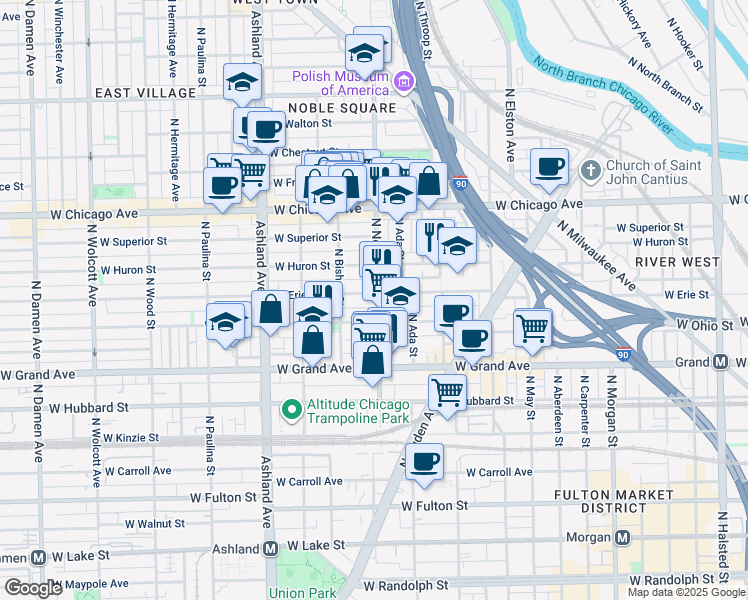 map of restaurants, bars, coffee shops, grocery stores, and more near 1416 West Erie Street in Chicago