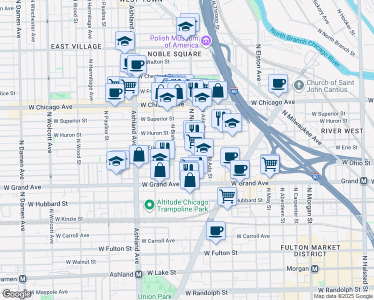 map of restaurants, bars, coffee shops, grocery stores, and more near 1416 West Erie Street in Chicago