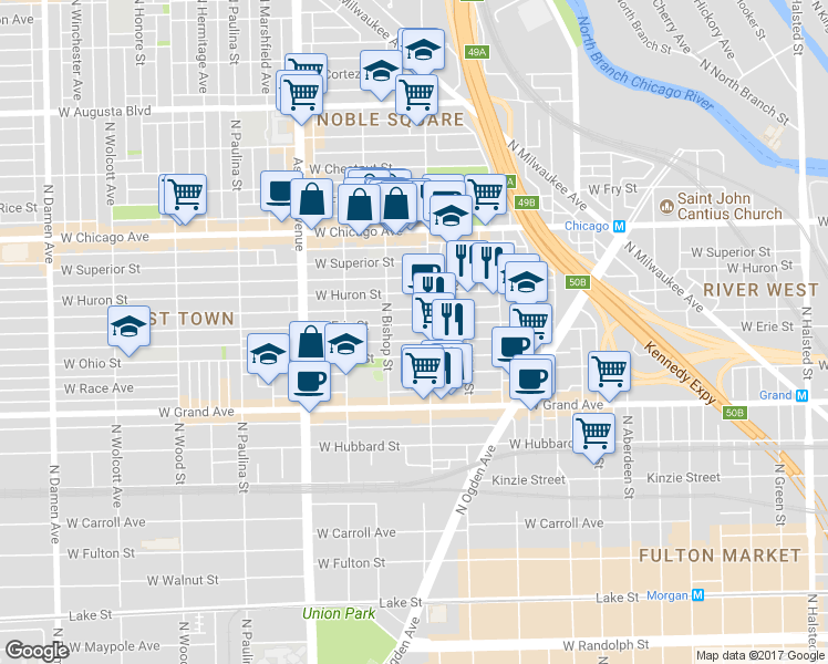 map of restaurants, bars, coffee shops, grocery stores, and more near 1416 West Erie Street in Chicago