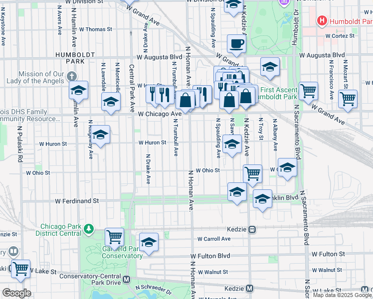 map of restaurants, bars, coffee shops, grocery stores, and more near 653 North Homan Avenue in Chicago