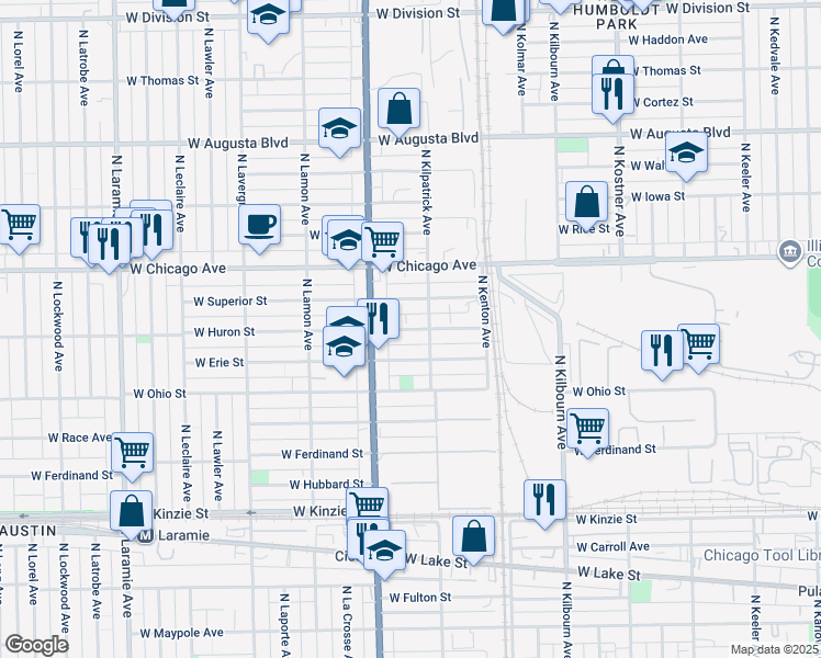map of restaurants, bars, coffee shops, grocery stores, and more near 4712 West Huron Street in Chicago