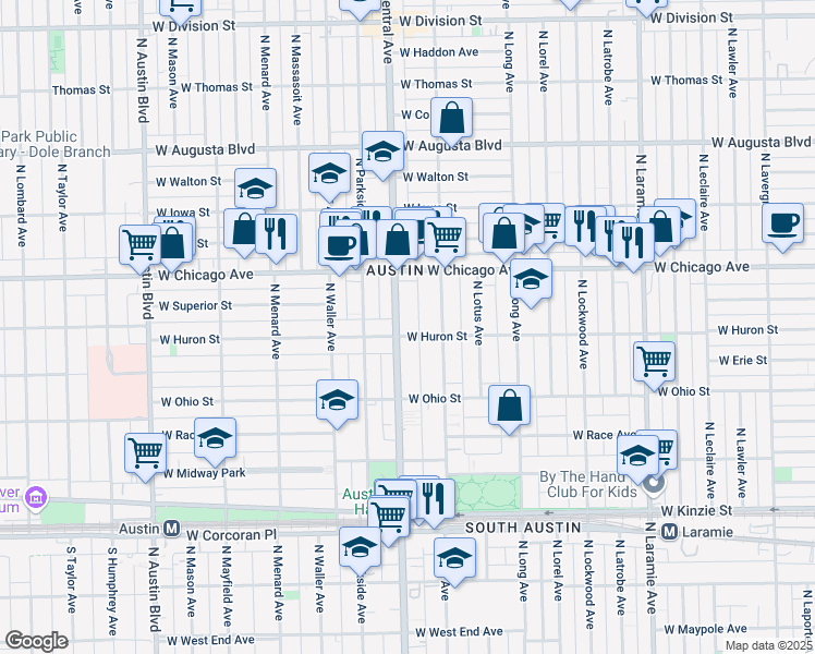 map of restaurants, bars, coffee shops, grocery stores, and more near 715 North Central Avenue in Chicago