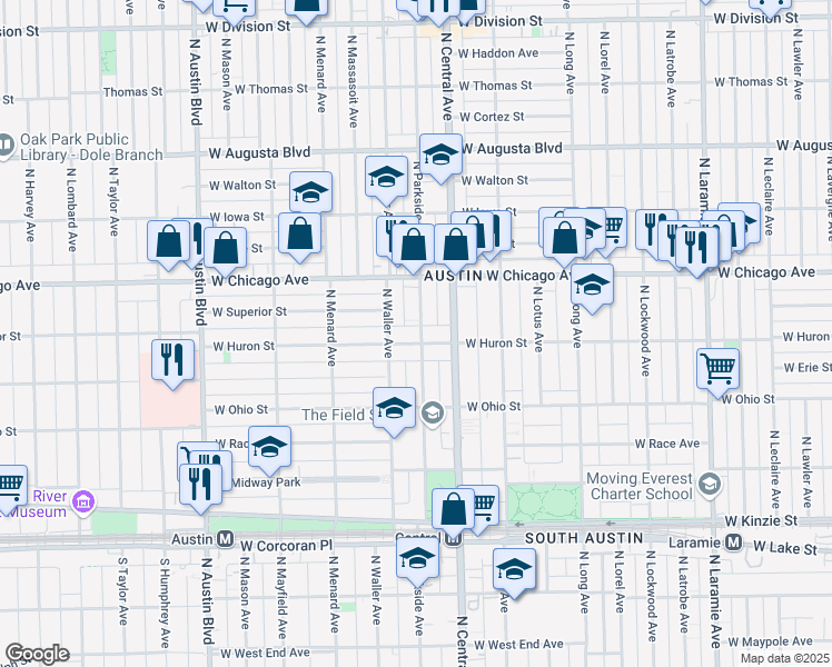 map of restaurants, bars, coffee shops, grocery stores, and more near 717 North Parkside Avenue in Chicago