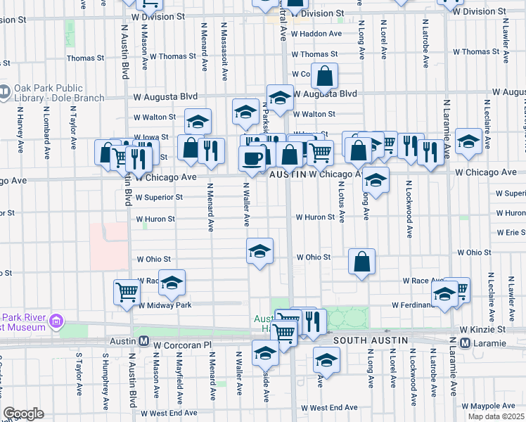 map of restaurants, bars, coffee shops, grocery stores, and more near 717 North Parkside Avenue in Chicago