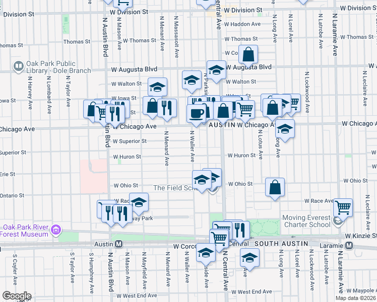 map of restaurants, bars, coffee shops, grocery stores, and more near 5703 West Superior Street in Chicago