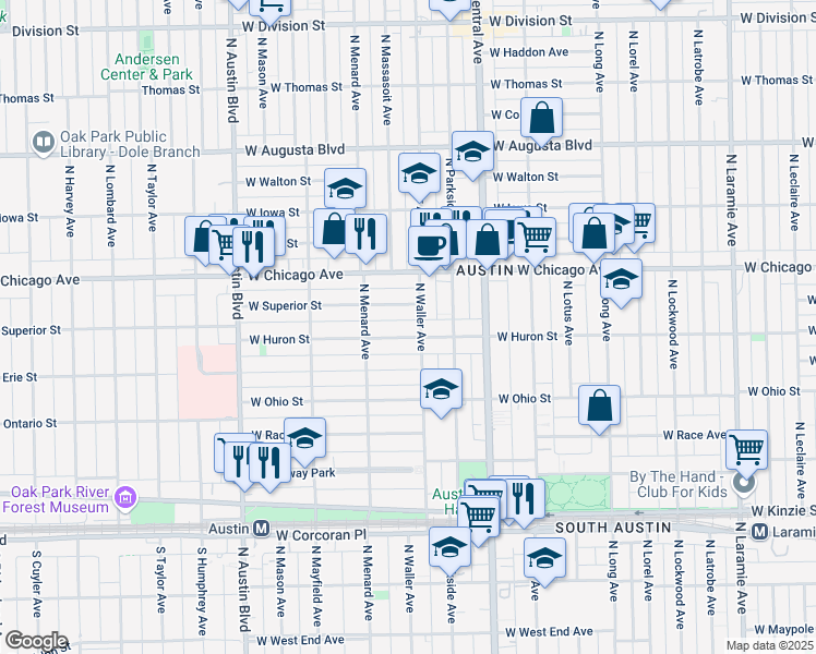 map of restaurants, bars, coffee shops, grocery stores, and more near 5703 West Superior Street in Chicago
