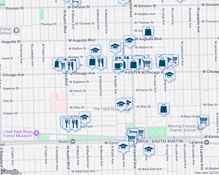 map of restaurants, bars, coffee shops, grocery stores, and more near 5737 West Superior Street in Chicago