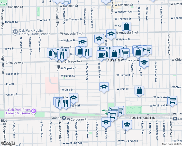map of restaurants, bars, coffee shops, grocery stores, and more near 5737 West Superior Street in Chicago