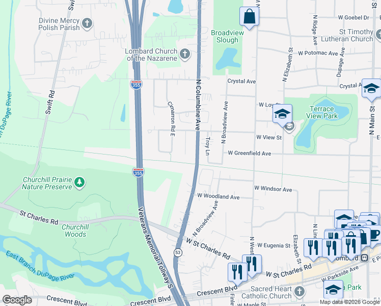 map of restaurants, bars, coffee shops, grocery stores, and more near 237 Churchill Court in Lombard