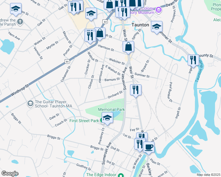 map of restaurants, bars, coffee shops, grocery stores, and more near 29 White Street in Taunton