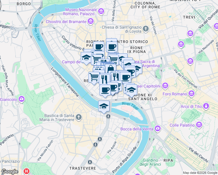 map of restaurants, bars, coffee shops, grocery stores, and more near 29 Via di Santa Maria in Monticelli in Rome