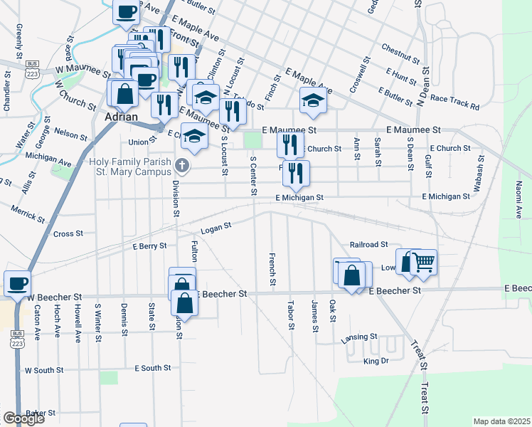 map of restaurants, bars, coffee shops, grocery stores, and more near 502 French Street in Adrian