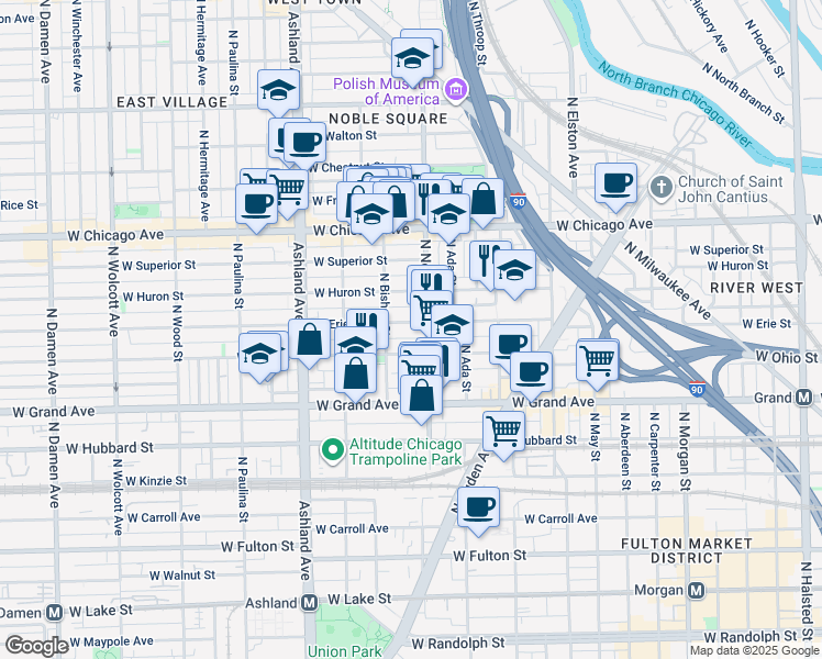 map of restaurants, bars, coffee shops, grocery stores, and more near 1416 West Erie Street in Chicago
