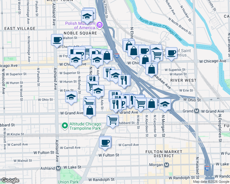 map of restaurants, bars, coffee shops, grocery stores, and more near 1227 West Erie Street in Chicago