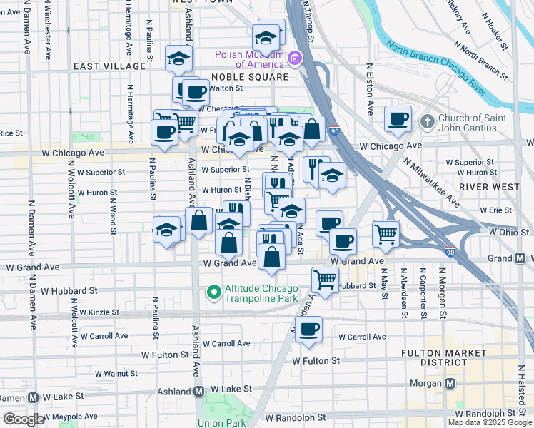 map of restaurants, bars, coffee shops, grocery stores, and more near 1416 West Erie Street in Chicago