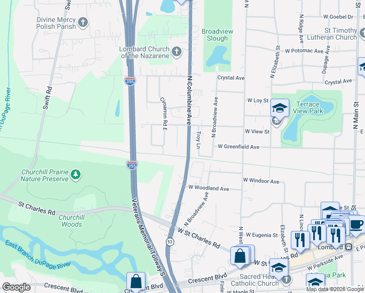 map of restaurants, bars, coffee shops, grocery stores, and more near 237 Churchill Court in Lombard