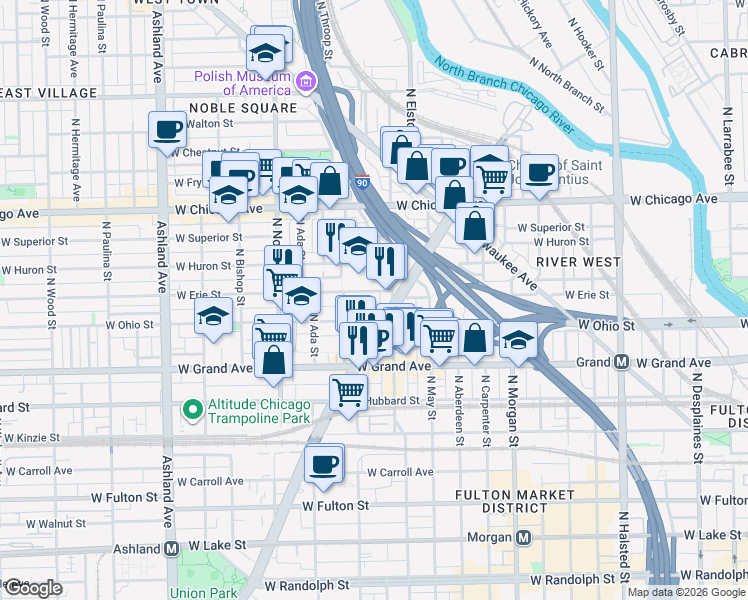 map of restaurants, bars, coffee shops, grocery stores, and more near 1227 West Erie Street in Chicago