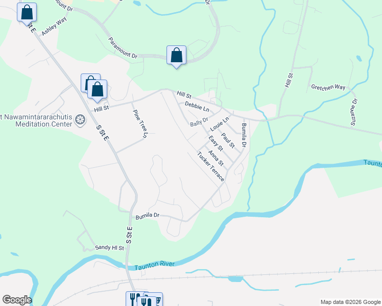 map of restaurants, bars, coffee shops, grocery stores, and more near 24 Amber Way in Raynham