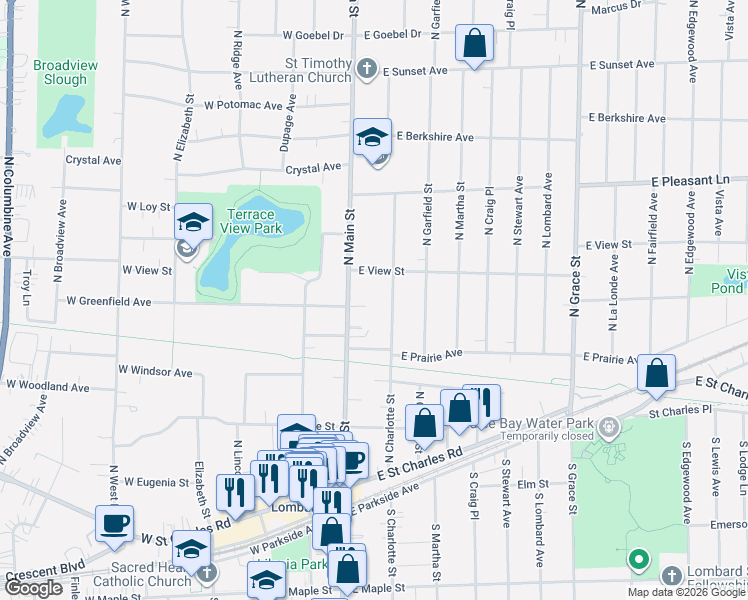 map of restaurants, bars, coffee shops, grocery stores, and more near 248 North Charlotte Street in Lombard