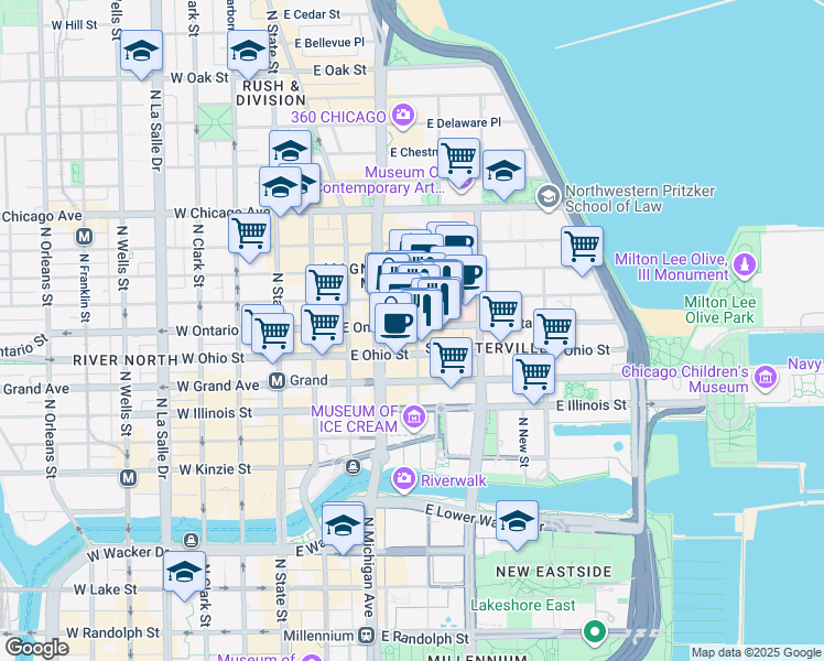 map of restaurants, bars, coffee shops, grocery stores, and more near 165 East Ontario Street in Chicago