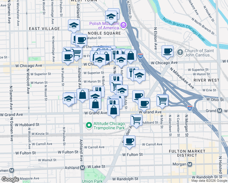 map of restaurants, bars, coffee shops, grocery stores, and more near 1416 West Erie Street in Chicago