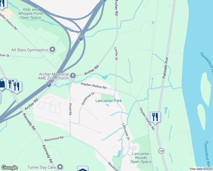 map of restaurants, bars, coffee shops, grocery stores, and more near 230 Hayden Station Road in Windsor