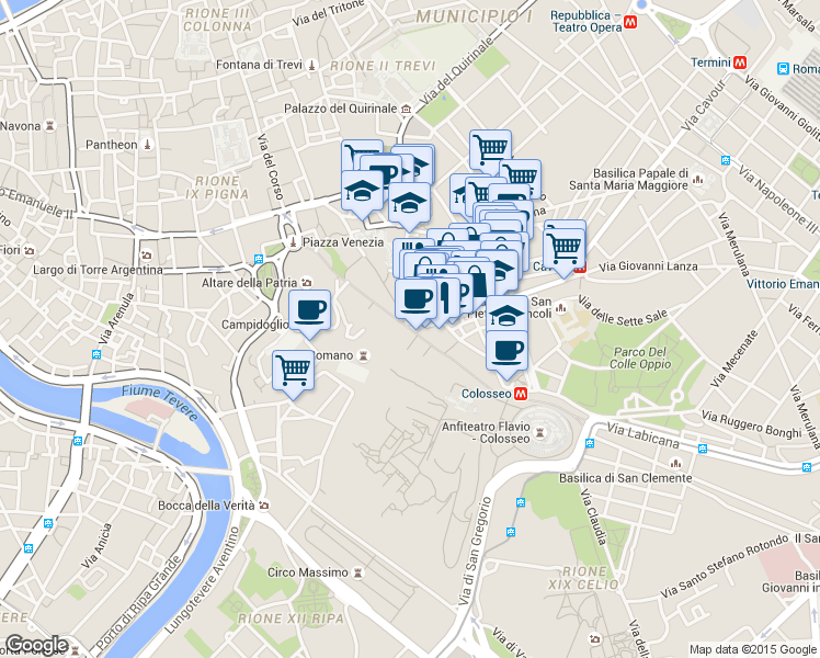 map of restaurants, bars, coffee shops, grocery stores, and more near Via dei Fori Imperiali in Rome