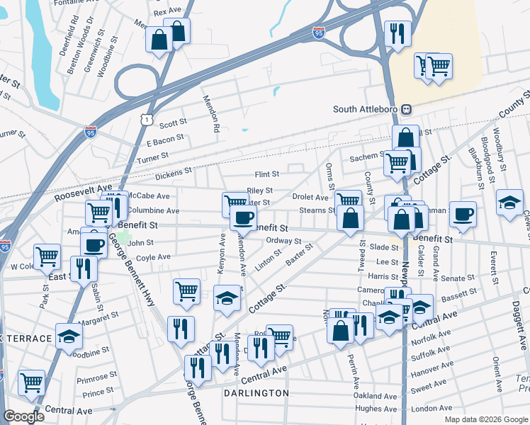 map of restaurants, bars, coffee shops, grocery stores, and more near 5 Stearns Street in Pawtucket